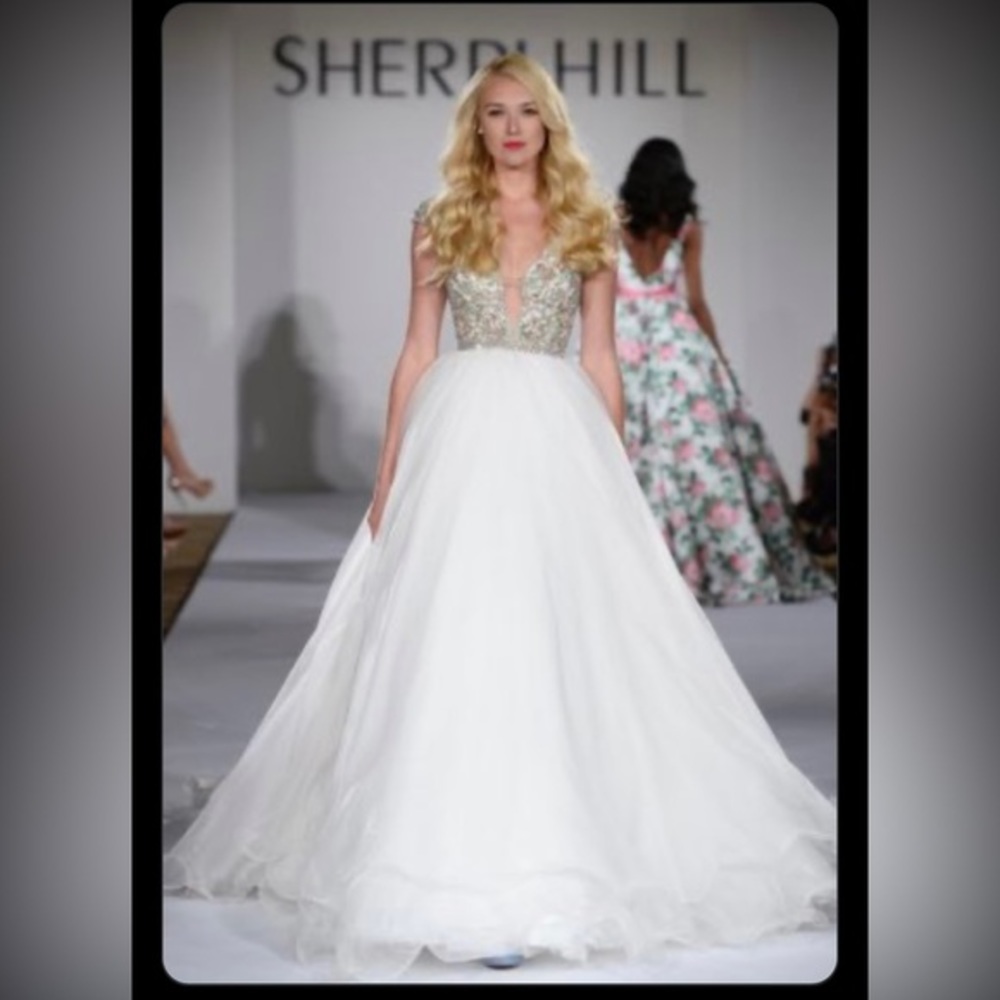 Rare Sherri Hill Rhinestone Bodice Silk Organza White Wedding Pageant Gown
